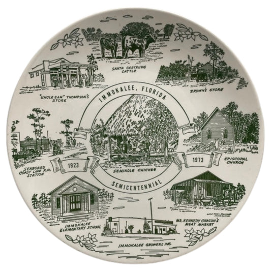 Prato Decorativo Vintage Immokalee, Florida – Cerâmica Souvenir Verde e Branco (26 cm)