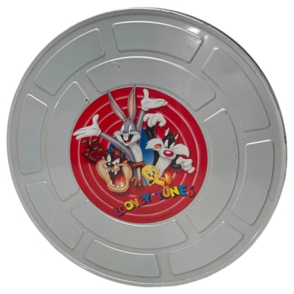 Vintage Round Tin 1998 Warner Bros Looney Tunes Reel Tin con personajes