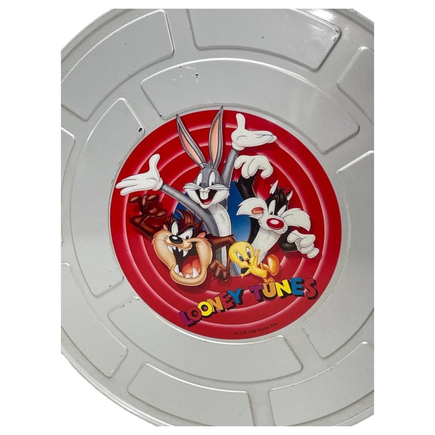 Vintage Round Tin 1998 Warner Bros Looney Tunes Reel Tin con personajes