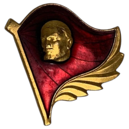 Pin Vintage URSS - Lenin com Bandeira Comunista, Broche Antigo CCCP, Vermelho e Dourado