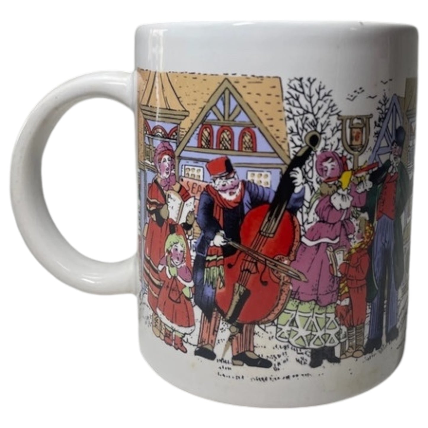 Caneca de Cerâmica Natalina – Cena Vintage de Cidade com Neve e Christmas Carols