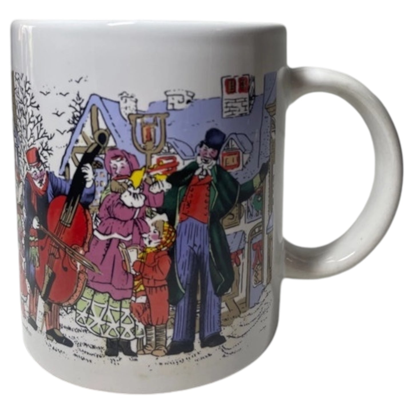 Caneca de Cerâmica Natalina – Cena Vintage de Cidade com Neve e Christmas Carols