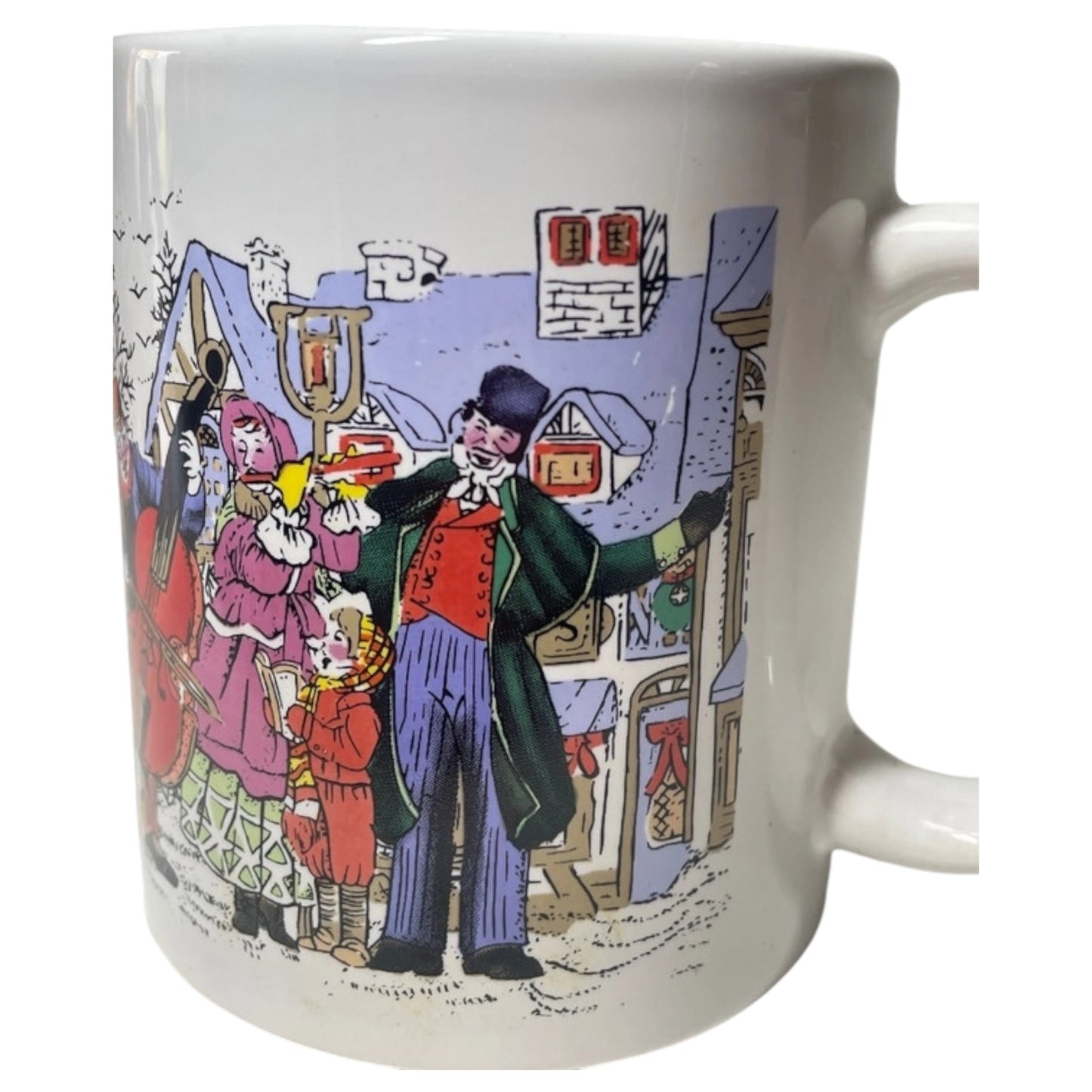 Caneca de Cerâmica Natalina – Cena Vintage de Cidade com Neve e Christmas Carols