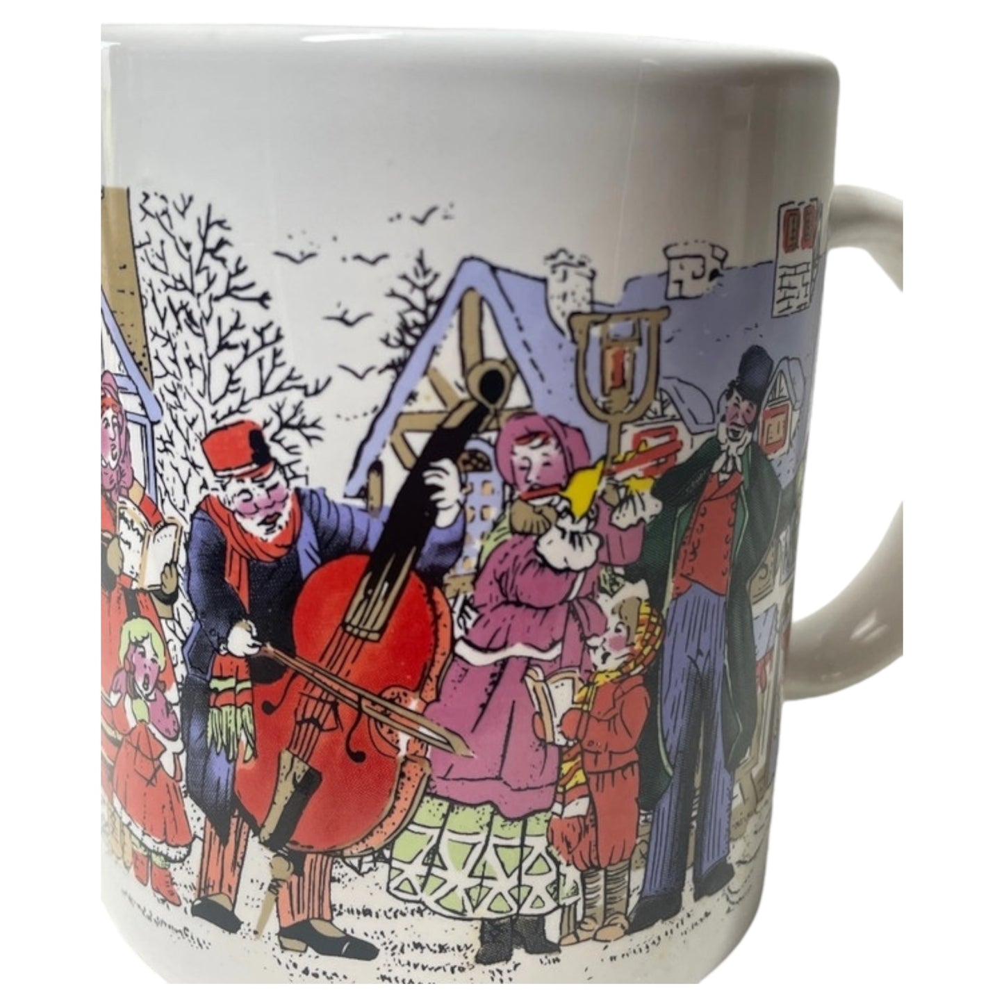 Caneca de Cerâmica Natalina – Cena Vintage de Cidade com Neve e Christmas Carols