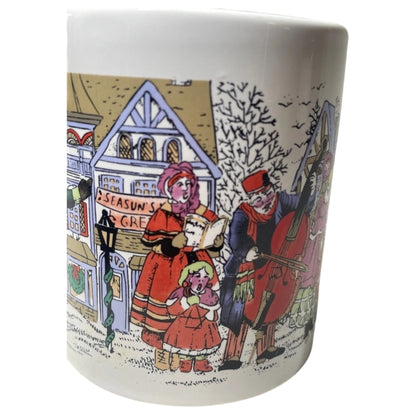 Caneca de Cerâmica Natalina – Cena Vintage de Cidade com Neve e Christmas Carols