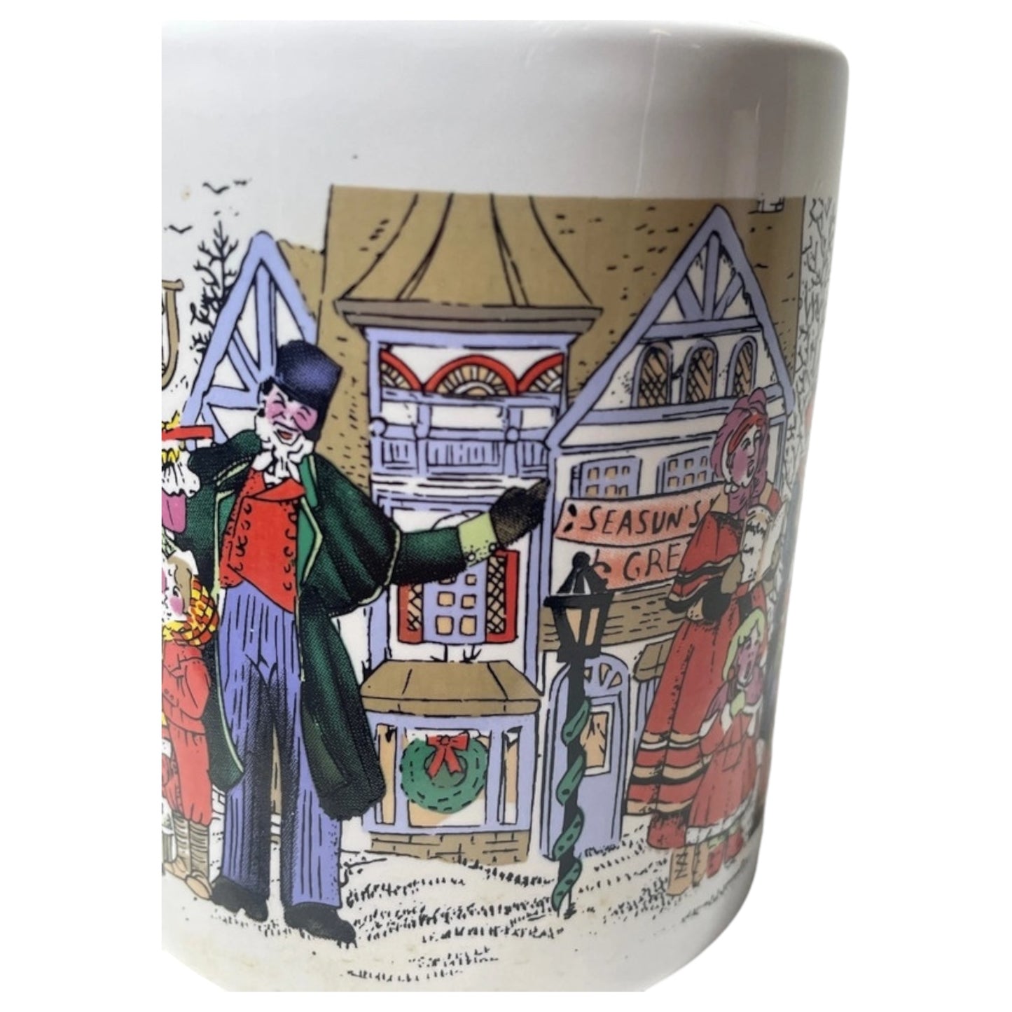 Caneca de Cerâmica Natalina – Cena Vintage de Cidade com Neve e Christmas Carols