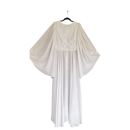 Vestido de noiva Vintage Boho Anos 1970 Branco Gelo com Bordado Floral - Estilo Boêmio, Manga de Anjo