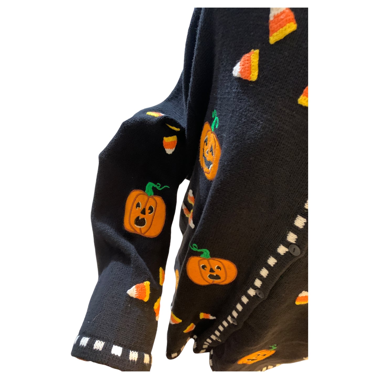 Cardigan Preto de Halloween com Abóboras e Doces - The Quacker Factory, Tamanho 3XL, Patches Bordados - Madame Surtô Vintage Shop