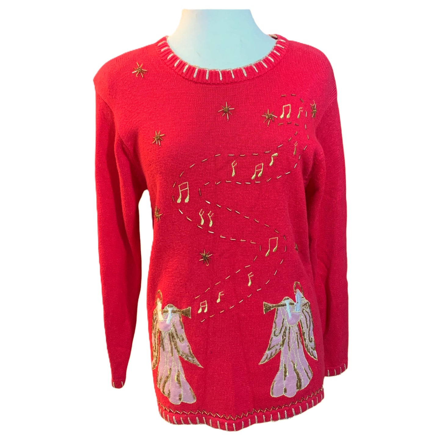 Suéter de Natal Vintage Victoria Harbour - Ugly Sweater com Anjos e Estrelas, Tamanho L - Madame Surtô Vintage Shop