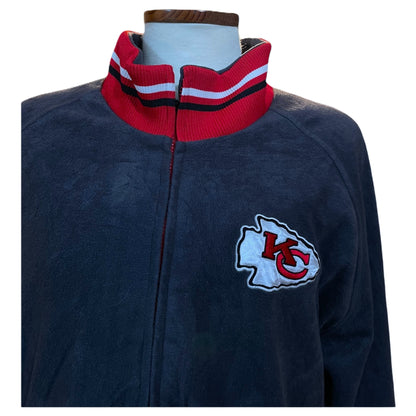 Casaco Dupla Face NFL Kansas City Chiefs Vintage - Vermelho e Azul Veludo Tecido Pelúcia - Madame Surtô Vintage Shop