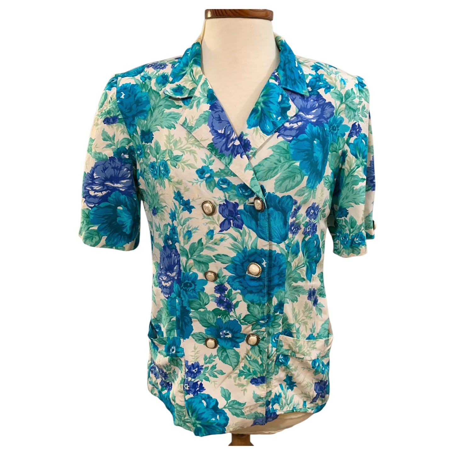 Camisa Vintage Anos 80 Floral Azul Vivo – Alfaiataria, Ombreiras, Exclusiva