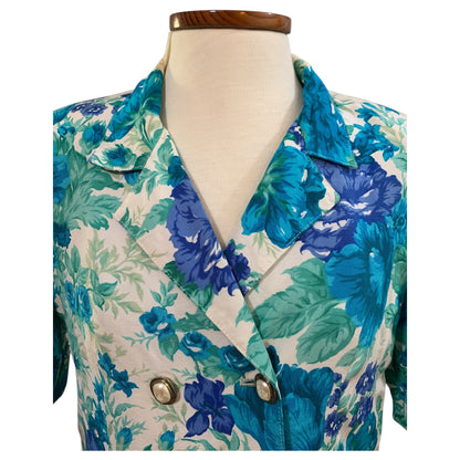 Camisa Vintage Anos 80 Floral Azul Vivo – Alfaiataria, Ombreiras, Exclusiva