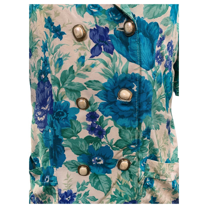 Camisa Vintage Anos 80 Floral Azul Vivo – Alfaiataria, Ombreiras, Exclusiva