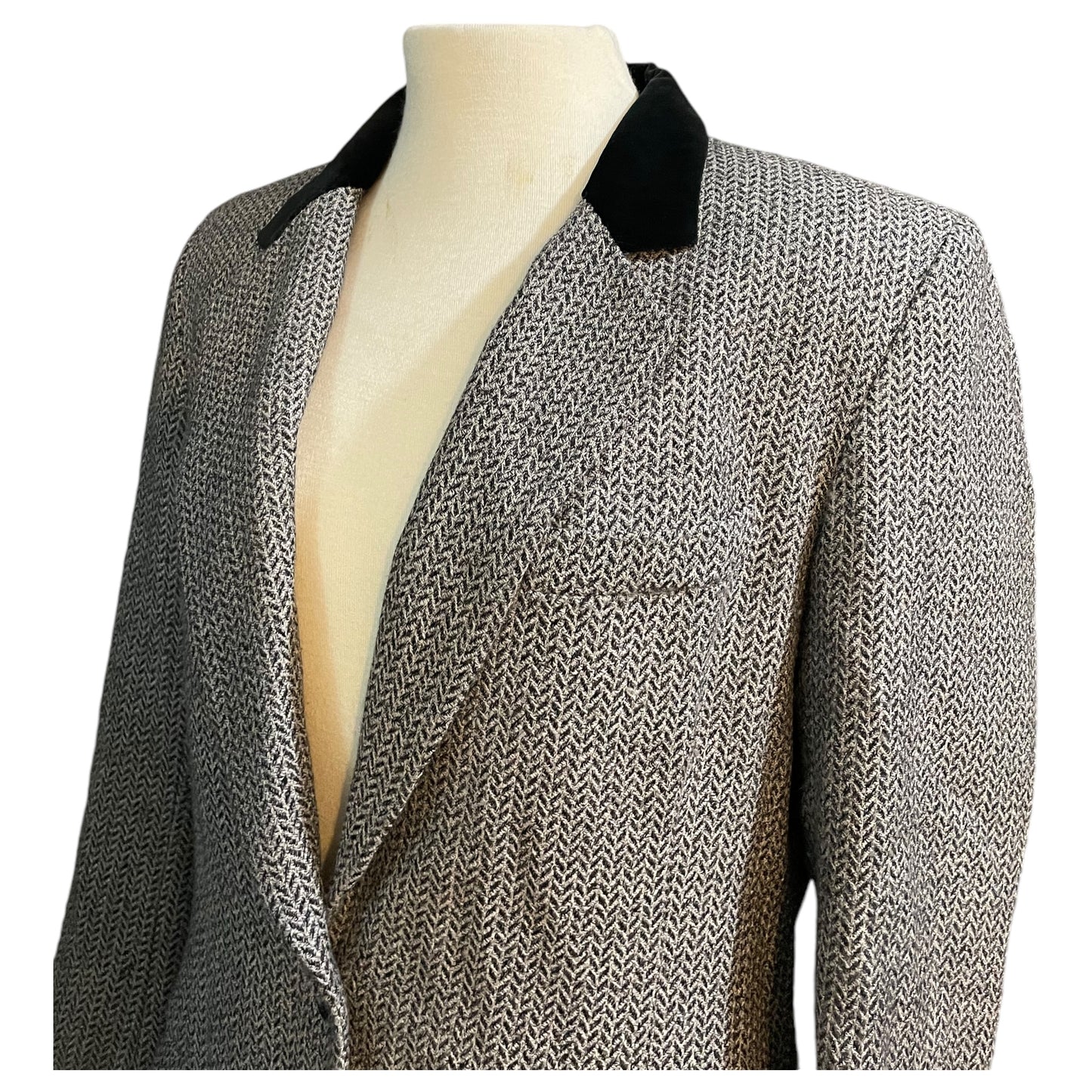 Blazer Vintage Tweed Cinza JH Collectibles Gola de Veludo – Anos 90 Tamanho 12 - Madame Surtô Vintage Shop