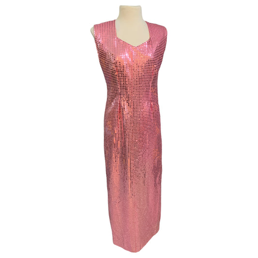 Vestido Longo de Lantejoula Rosa com Fendas Laterais – Inclui Par de Luvas Disco Party 70s - Madame Surtô Vintage Shop