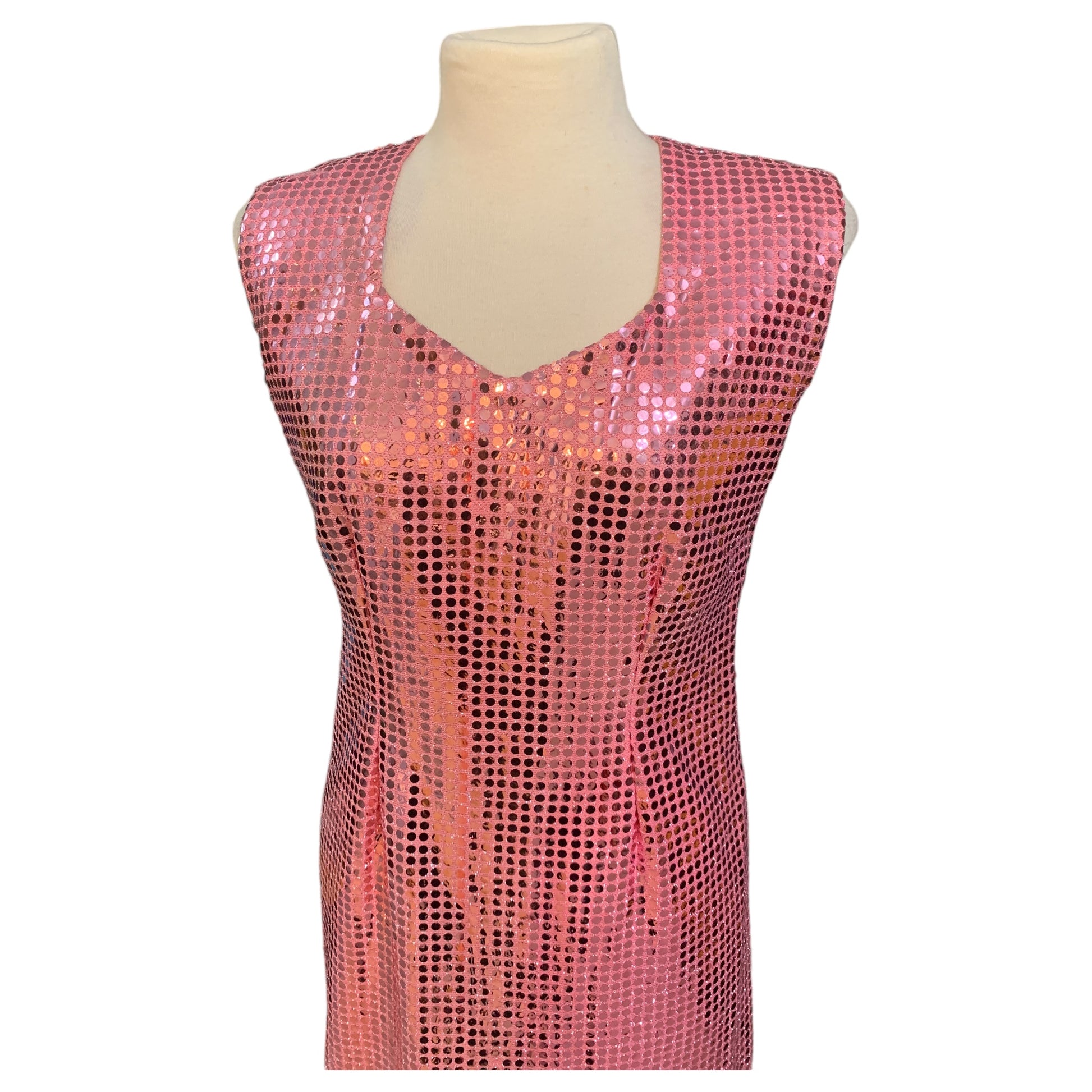 Vestido Longo de Lantejoula Rosa com Fendas Laterais – Inclui Par de Luvas Disco Party 70s - Madame Surtô Vintage Shop