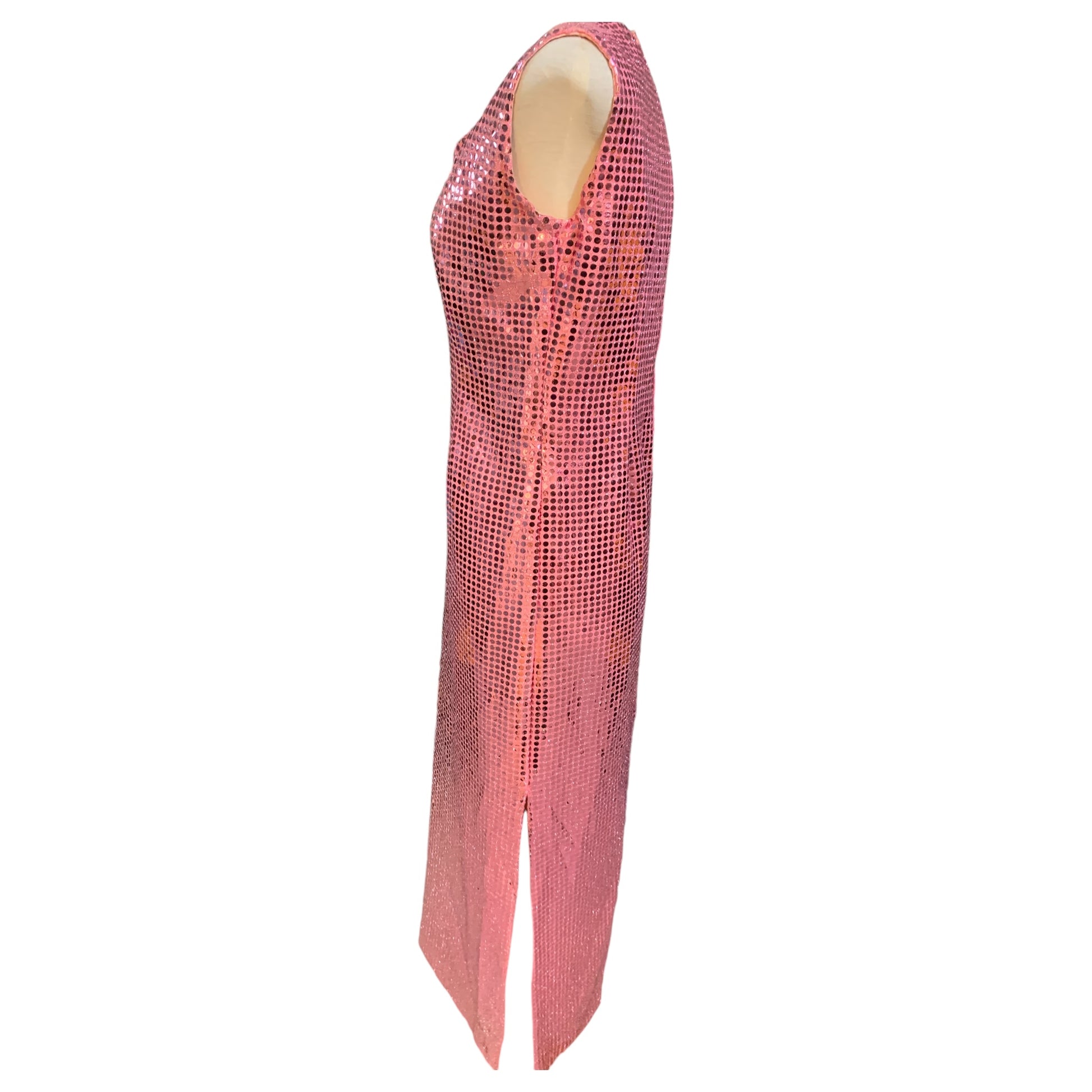 Vestido Longo de Lantejoula Rosa com Fendas Laterais – Inclui Par de Luvas Disco Party 70s - Madame Surtô Vintage Shop