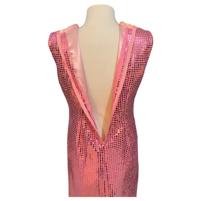 Vestido Longo de Lantejoula Rosa com Fendas Laterais – Inclui Par de Luvas Disco Party 70s - Madame Surtô Vintage Shop