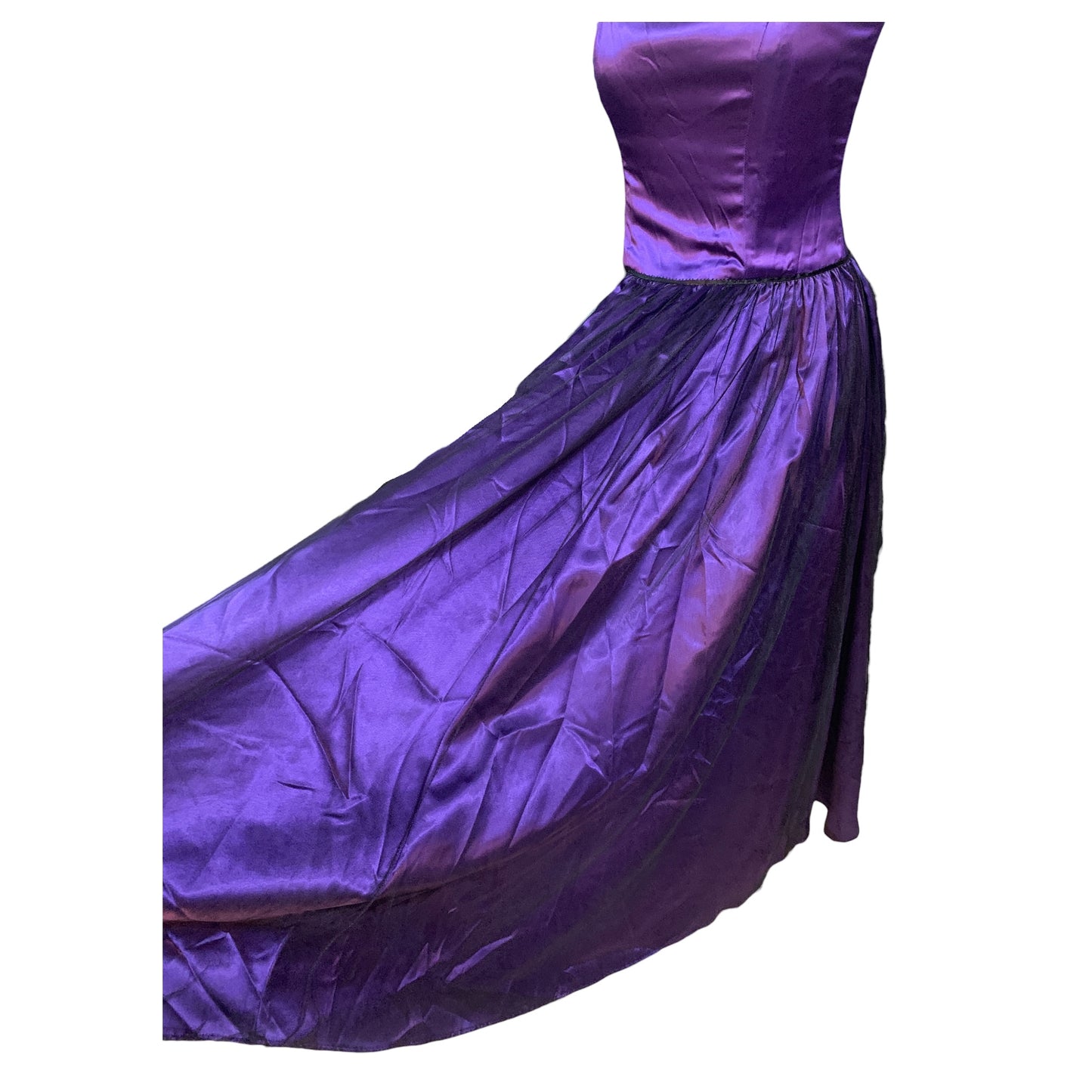 Vestido Longo Roxo Acetinado com Tule Preto Anos 80 - Alças Finas e Fecho Lateral