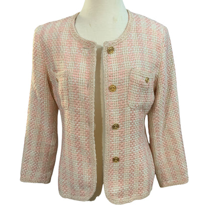 Blazer ajusté vintage des années 80 en tweed – Rose pâle, épaulettes, fabriqué en France