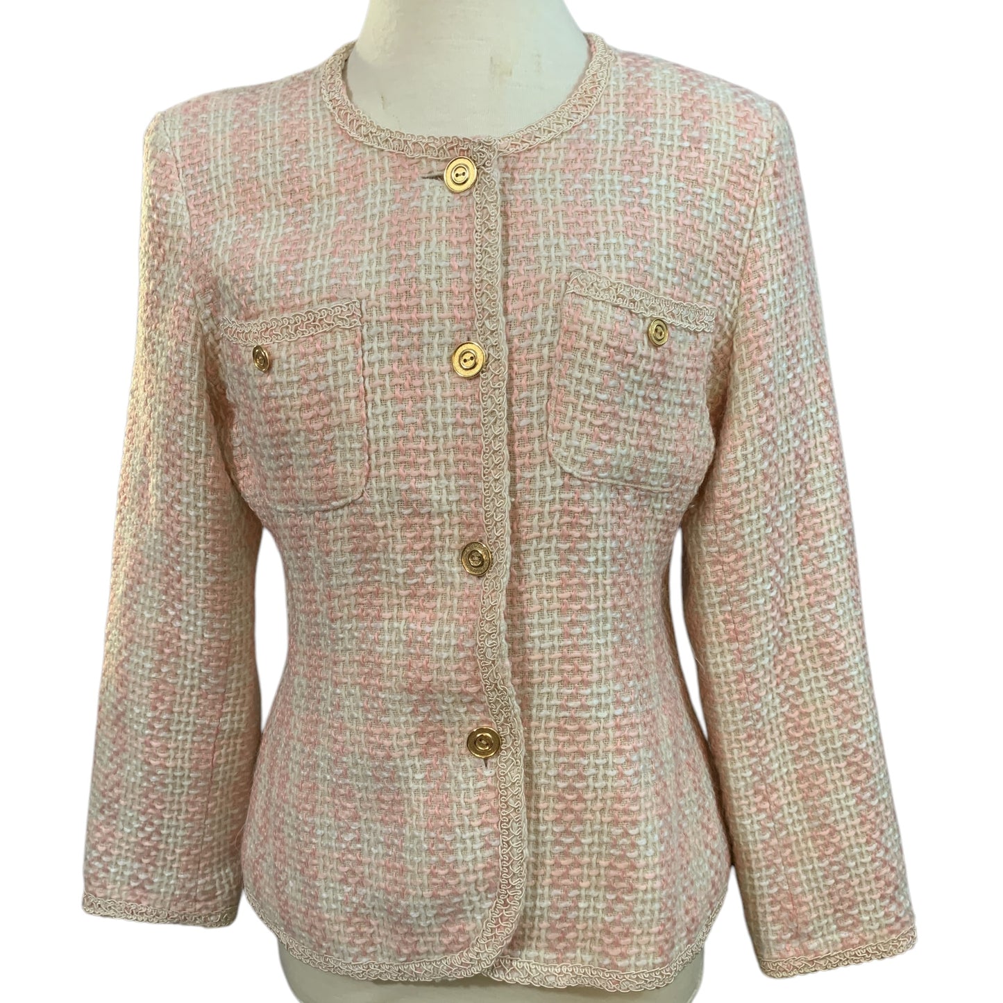 Blazer ajusté vintage des années 80 en tweed – Rose pâle, épaulettes, fabriqué en France