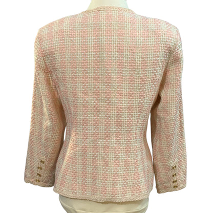 Blazer ajusté vintage des années 80 en tweed – Rose pâle, épaulettes, fabriqué en France