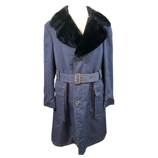 Manteau vintage Cortefiel, bleu gris, imperméable, laine à carreaux, col en fausse fourrure