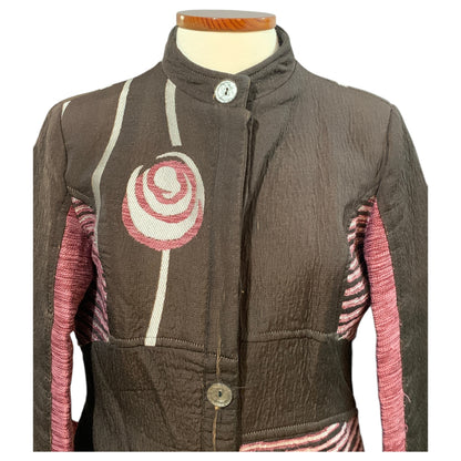 Avispada Manteau Marron avec Détails Roses – Col Mao, Tissu Structuré, Doublé 