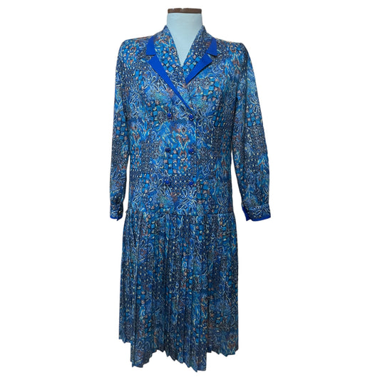 Vestido Vintage Damart França - Estilo Anos 20 com Estampa Azul Floral Geométrica - Madame Surtô Vintage Shop