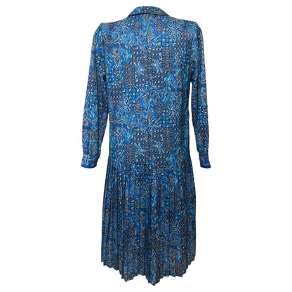 Vestido Vintage Damart França - Estilo Anos 20 com Estampa Azul Floral Geométrica - Madame Surtô Vintage Shop