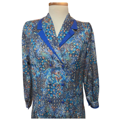 Vestido Vintage Damart França - Estilo Anos 20 com Estampa Azul Floral Geométrica - Madame Surtô Vintage Shop