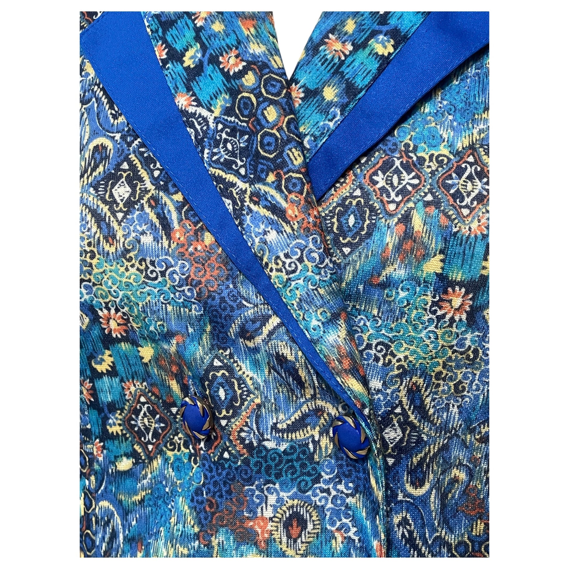 Vestido Vintage Damart França - Estilo Anos 20 com Estampa Azul Floral Geométrica - Madame Surtô Vintage Shop