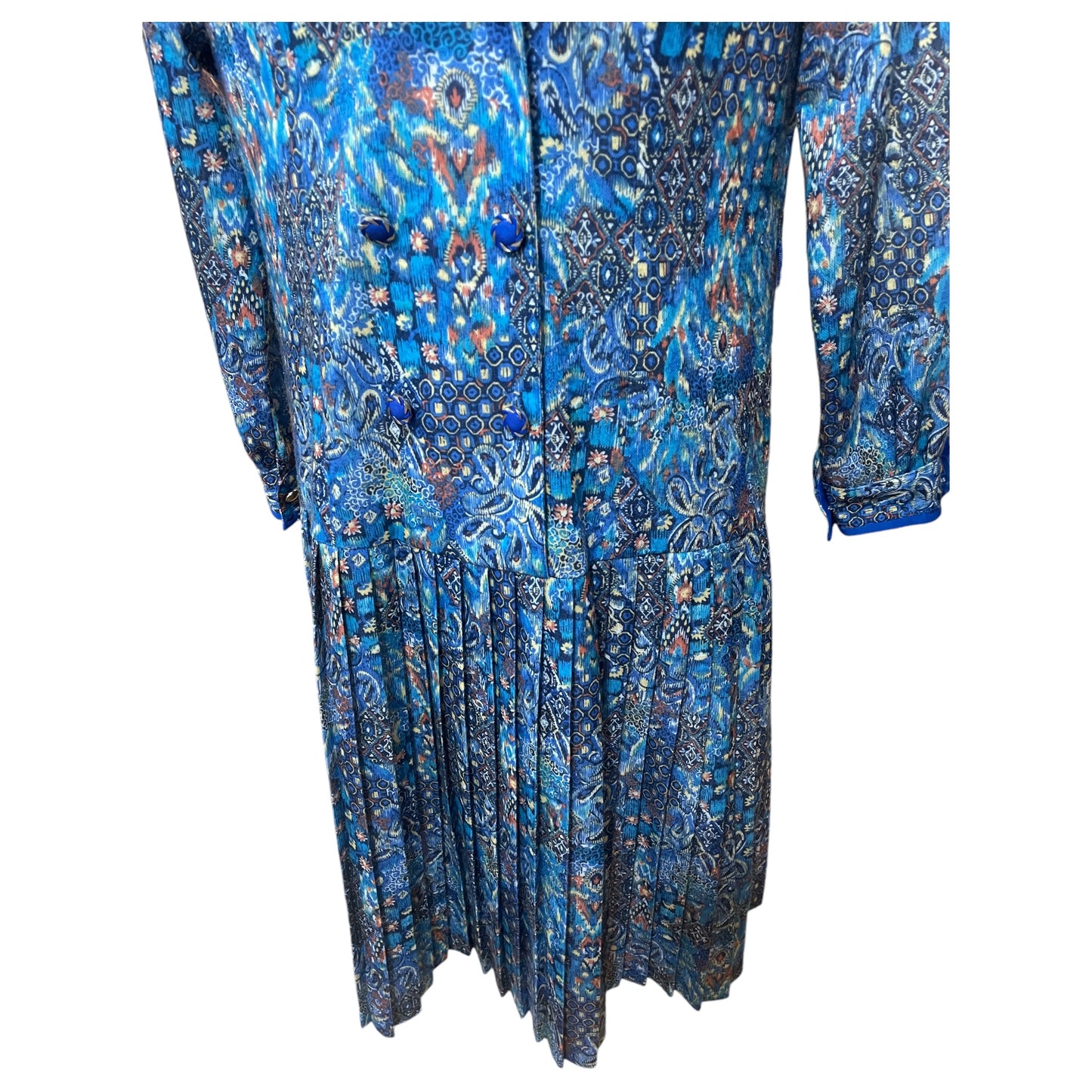 Vestido Vintage Damart França - Estilo Anos 20 com Estampa Azul Floral Geométrica - Madame Surtô Vintage Shop