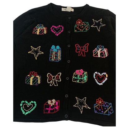 Cardigan Vintage Natal - Arriviste - Bordado com Miçangas em Formato de Presentes e Estrelas