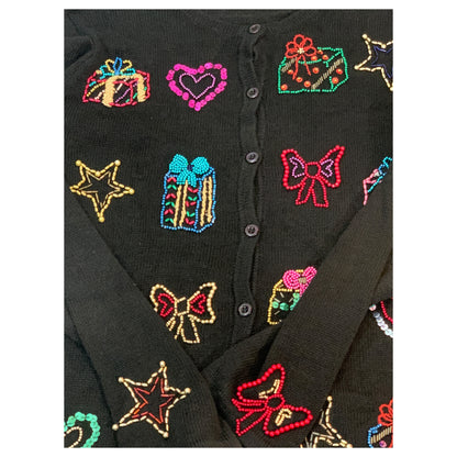 Cardigan Vintage Natal - Arriviste - Bordado com Miçangas em Formato de Presentes e Estrelas