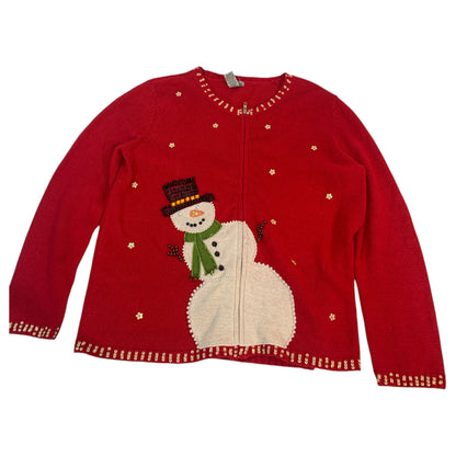 Cardigan Natalino - Ugly Sweater Vermelho com Boneco de Neve e Bordado de Miçangas