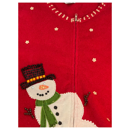 Cardigan Natalino - Ugly Sweater Vermelho com Boneco de Neve e Bordado de Miçangas