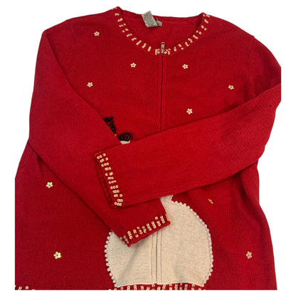 Cardigan Natalino - Ugly Sweater Vermelho com Boneco de Neve e Bordado de Miçangas