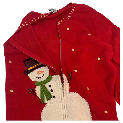 Cardigan Natalino - Ugly Sweater Vermelho com Boneco de Neve e Bordado de Miçangas