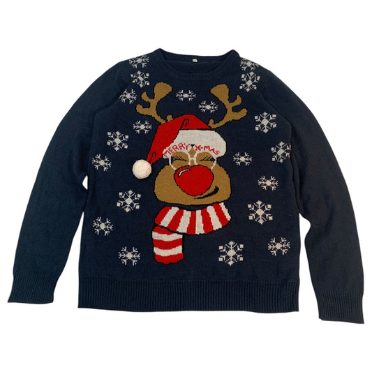 Ugly Sweater de Natal Vintage Vermelho e Branco - Estampa de Rena de Óculos - Tamanho M