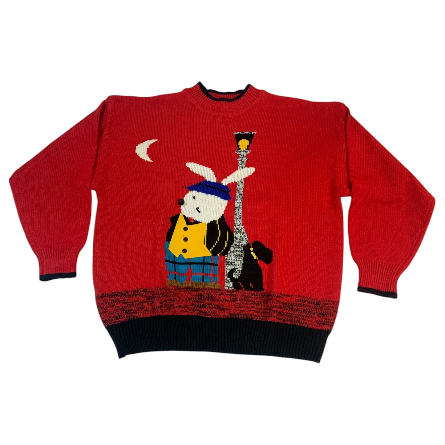 Ugly Sweater de Natal Vintage Vermelho com Coelho e Cachorro - "A Little Extra Spice