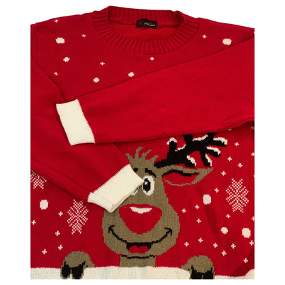 Suéter Ugly Christmas IQ Collection - Desenho de Rena Feliz, Vermelho e Branco