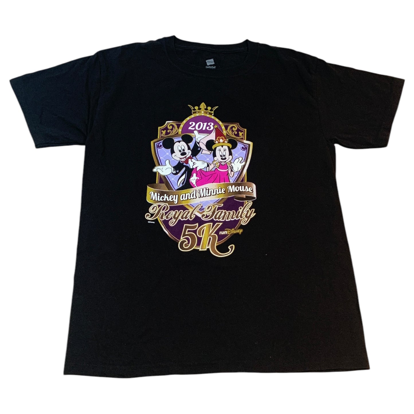 Camiseta Preta Disney 5K Run de 2013 – Mickey & Minnie, Hanes Comfort Soft, Tamanho S