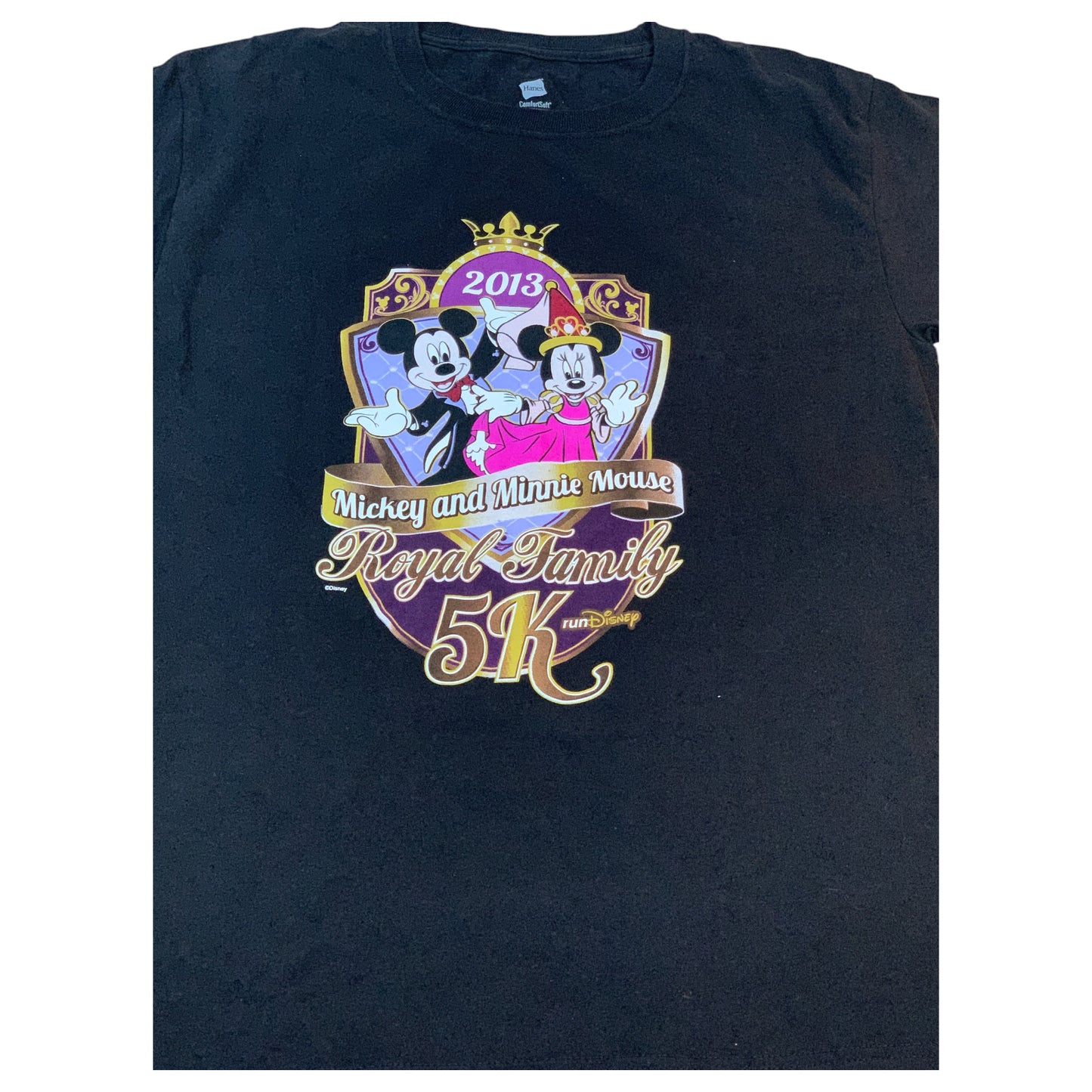 Camiseta Preta Disney 5K Run de 2013 – Mickey & Minnie, Hanes Comfort Soft, Tamanho S