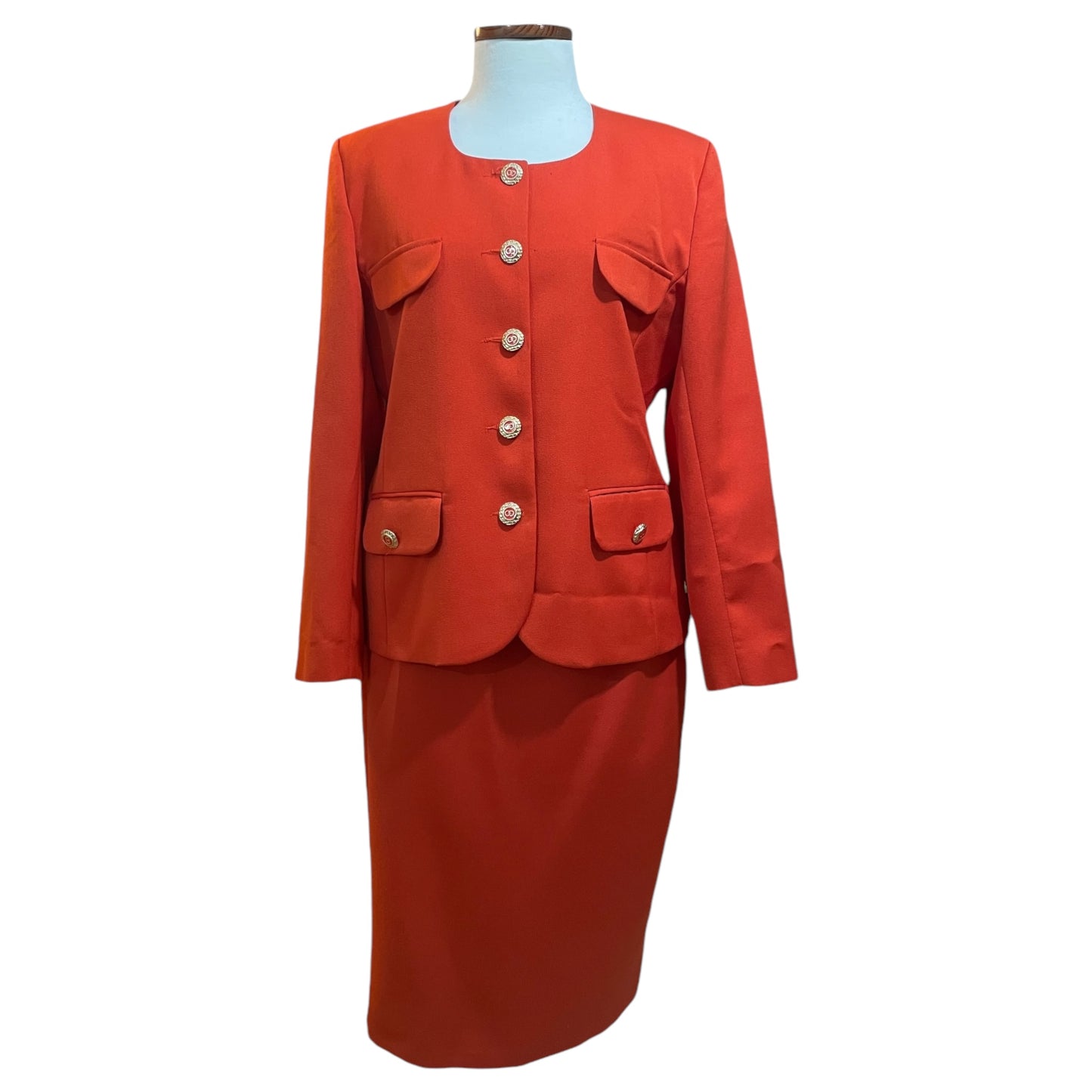 Vintage Gina Set – Orange Blazer and Skirt with Gold Details and Back Slit (70s/80s)