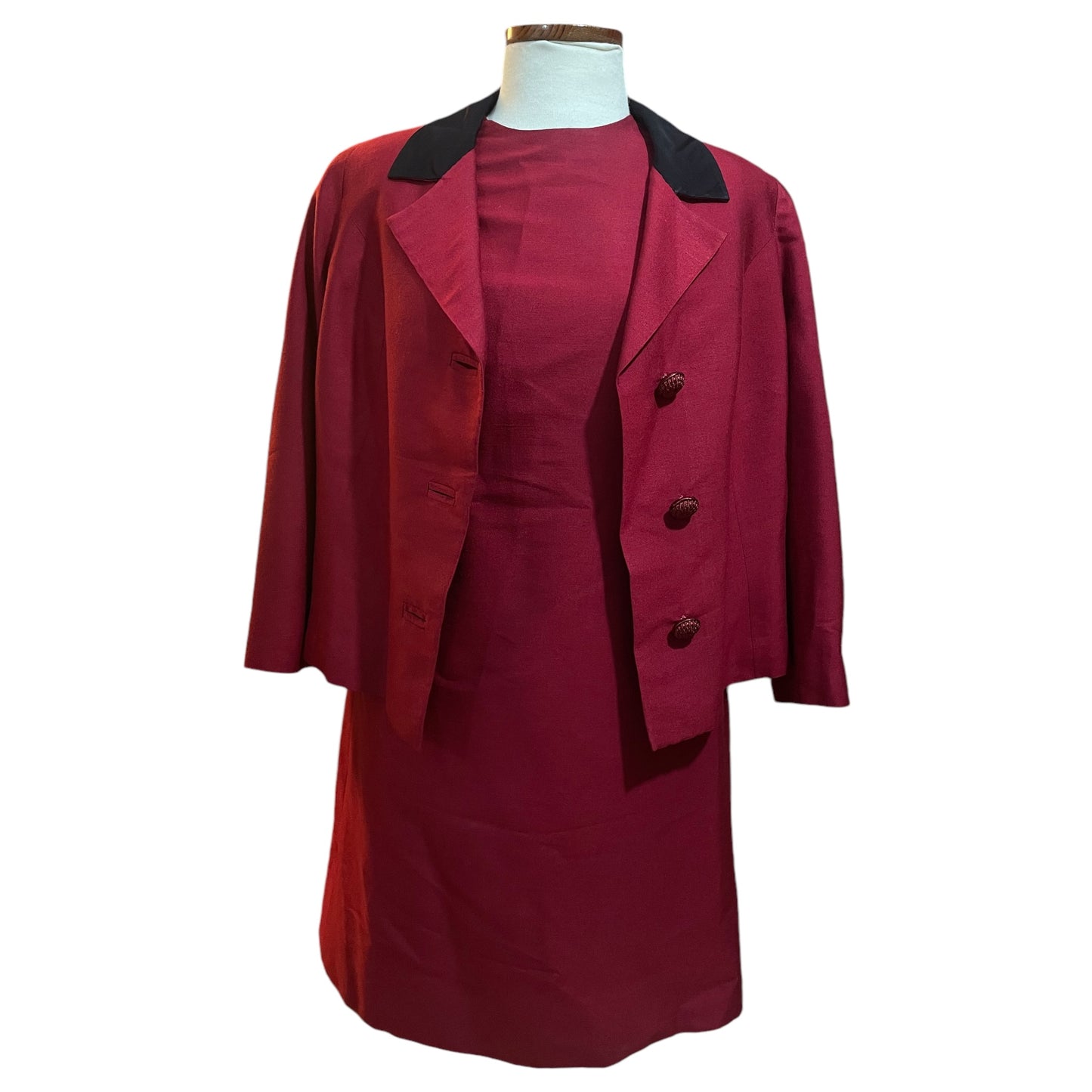 Custom Made Vintage 70s Wine Tailored Set with Blazer and Sheath Dress