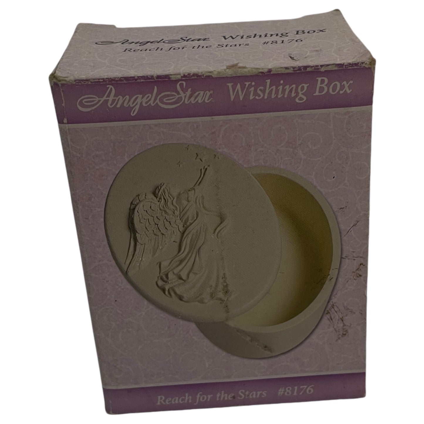 Wishing Box Vintage em Cerâmica Bege – Anjo e Estrelas, Presente de Natal, Organizador de Miudezas