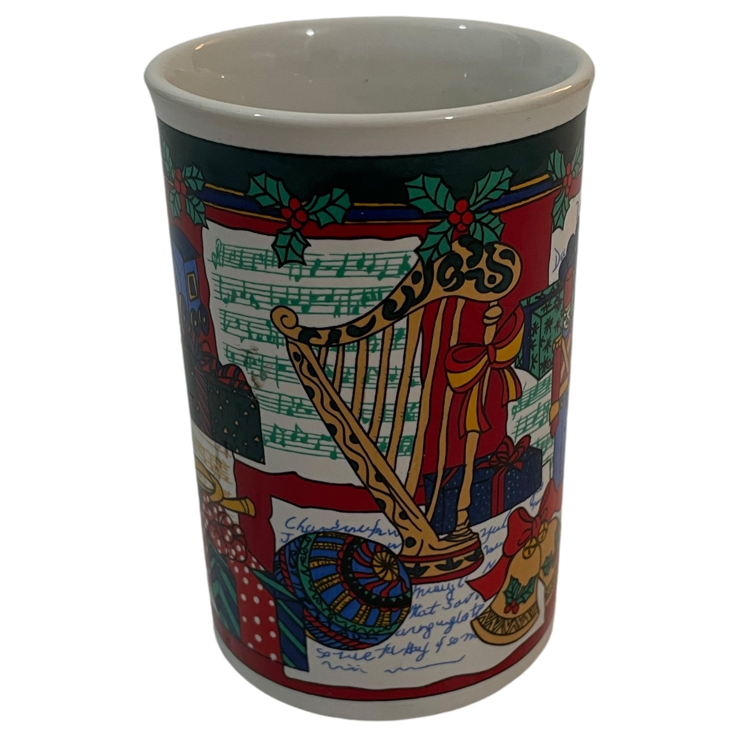 Caneca Vintage de Natal com Ilustração de Brinquedos e Detalhes Natalinos