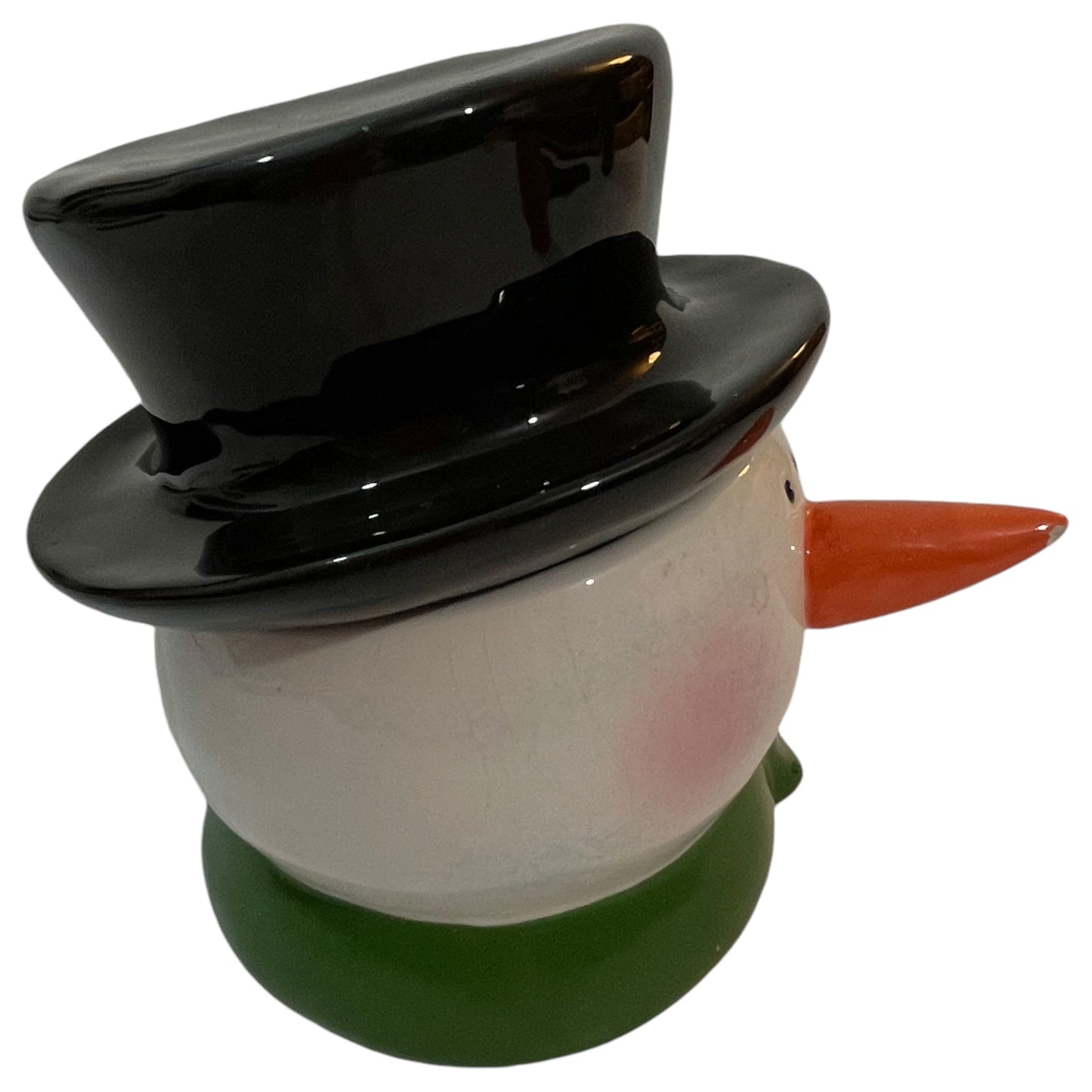 Muñeco de nieve de vela navideña vintage con bufanda verde y sombrero de copa negro - JC Penney, coleccionable