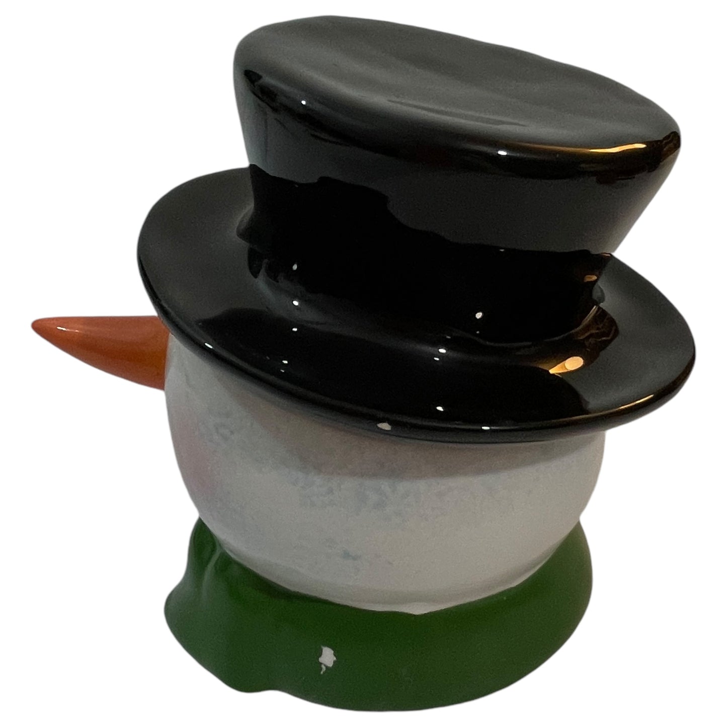 Muñeco de nieve de vela navideña vintage con bufanda verde y sombrero de copa negro - JC Penney, coleccionable